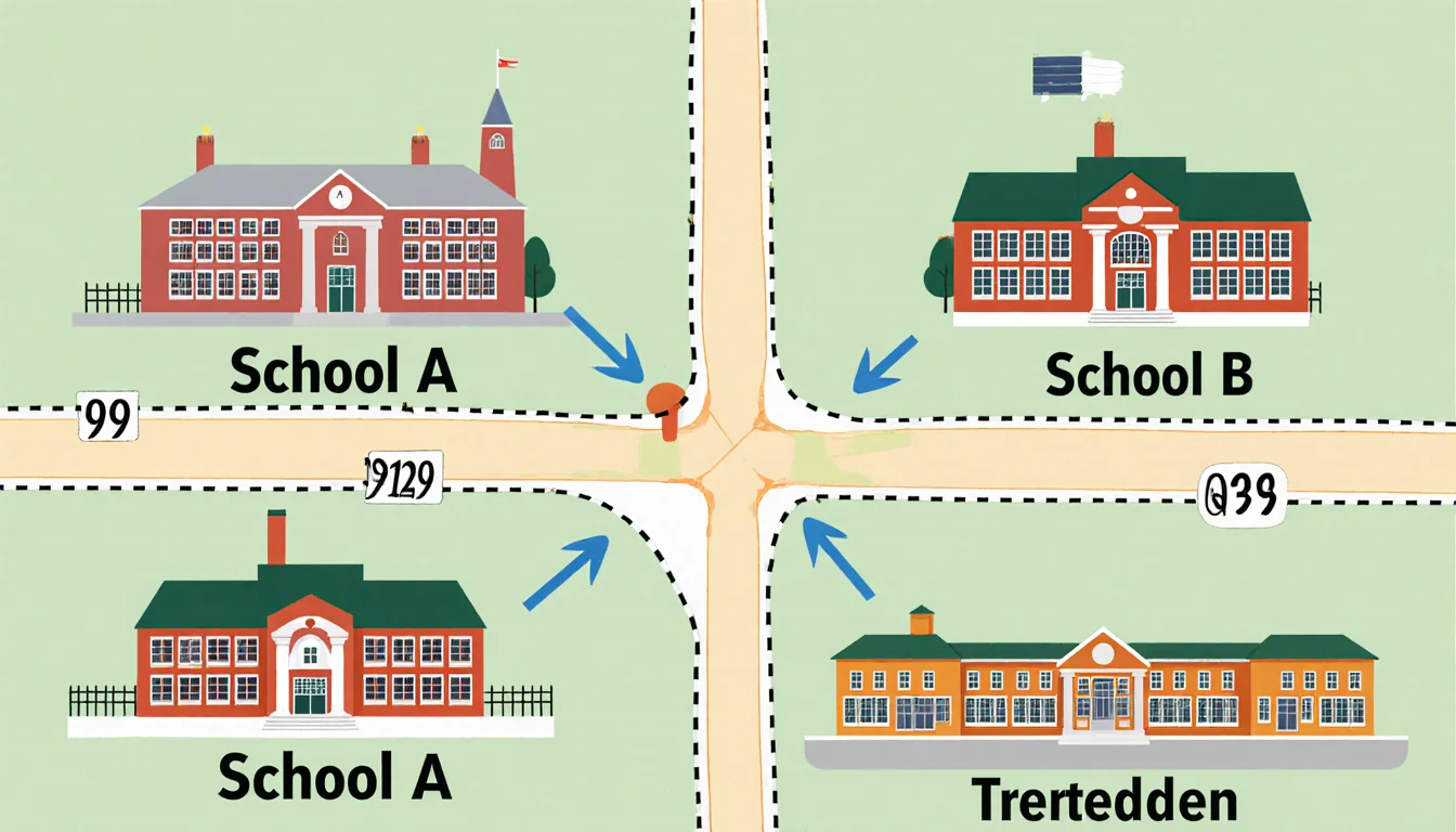Map illustrates attendance zones with four elementary schools labeled and colored with arrows showing new school boundaries