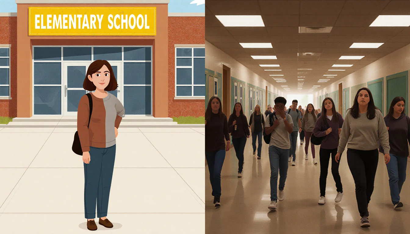 Parent standing beside elementary school safe sign with student looking overwhelmed in chaotic hallway