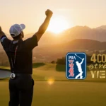 Scottie Scheffler stands triumphantly raising his arms with Jack Nicklaus Award and sunset glow over golf course hills