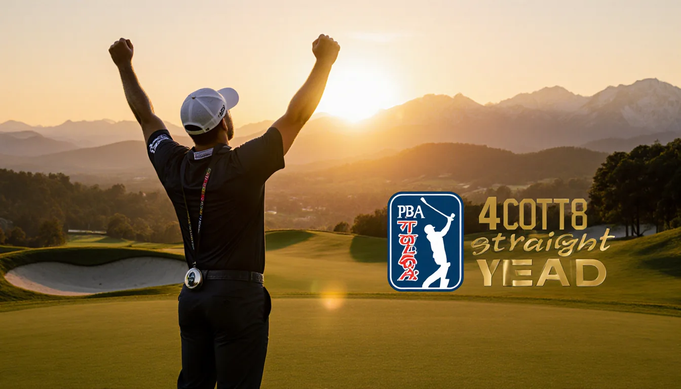 Scottie Scheffler stands triumphantly raising his arms with Jack Nicklaus Award and sunset glow over golf course hills