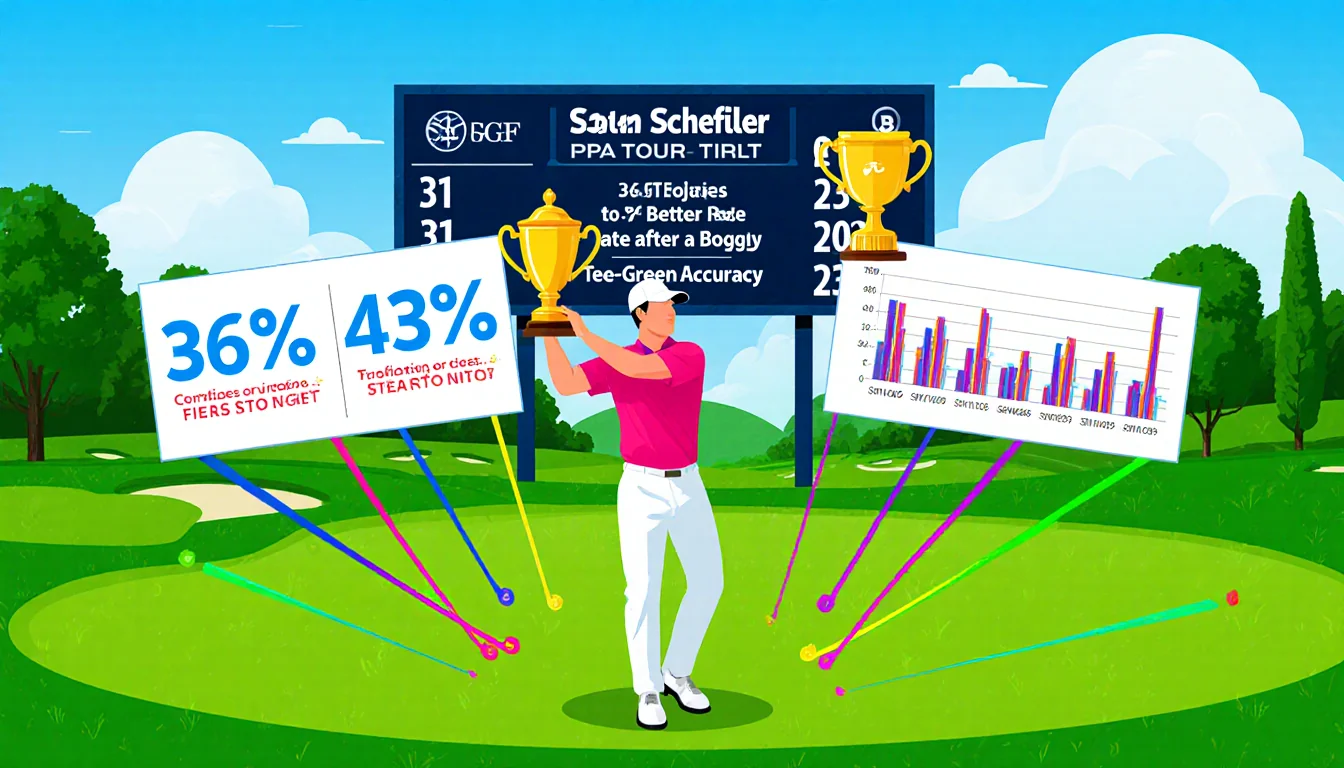 Scottie Scheffler holds PGA Tour trophy aloft with scoreboard showing 36% birdie rate and tee‑to‑green charts