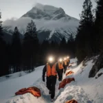 Search party volunteers trudging through knee‑deep snow with headlamps glowing and orange vests against misty Blood Mountain.