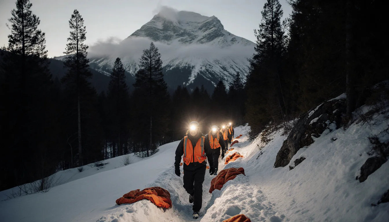 Search party volunteers trudging through knee‑deep snow with headlamps glowing and orange vests against misty Blood Mountain.
