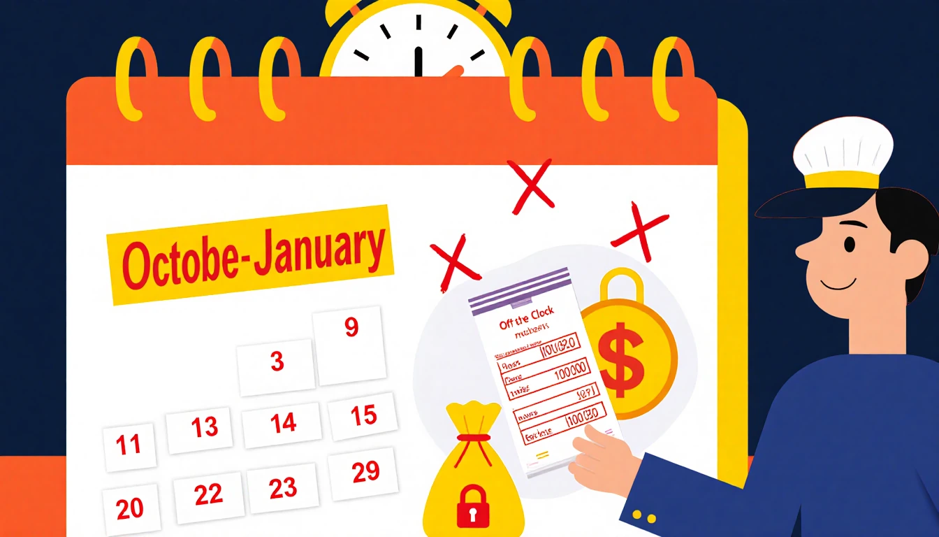 Person holding a pay stub while clock strikes 12 beside a calendar of October to January showing unfair pay for seasonal