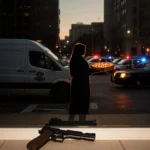 Pizza delivery person holding pizza box with courthouse window reflection of Judge Salas silhouette and a gun on windowsill