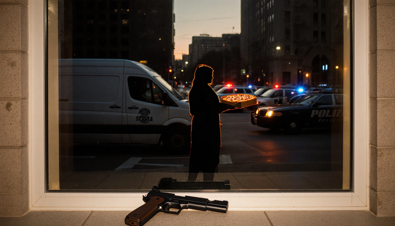 Pizza delivery person holding pizza box with courthouse window reflection of Judge Salas silhouette and a gun on windowsill