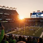 Fans cheering in green shirts with orange sunset glow over stadium lights and football field during autumn
