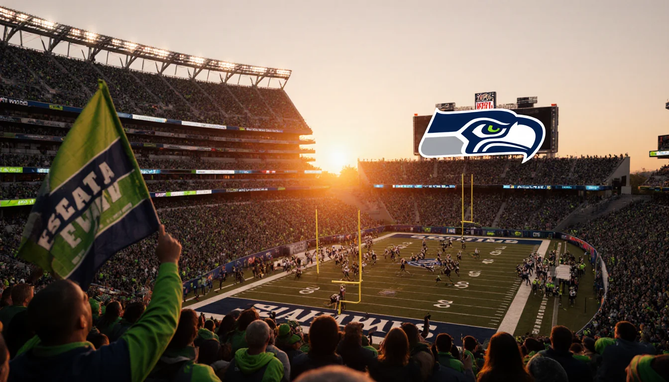 Fans cheering in green shirts with orange sunset glow over stadium lights and football field during autumn