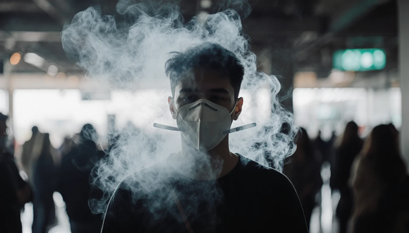 Person standing with mask breathing around e-cigarette smoke and secondhand smoke with poor indoor air quality.
