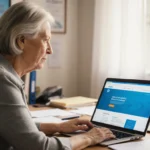Woman sits at desk with laptop showing AT&T site and security-themed wall behind her and files with determined expression
