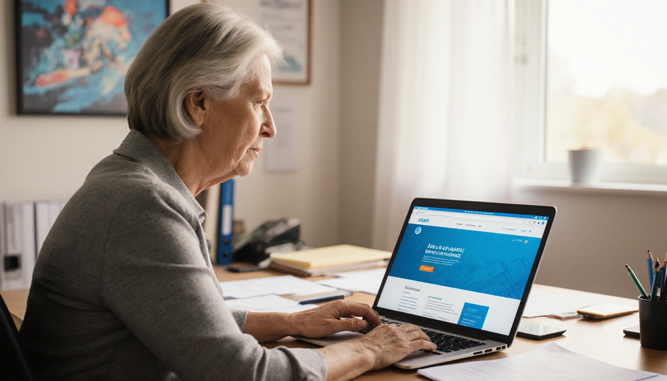 Woman sits at desk with laptop showing AT&T site and security-themed wall behind her and files with determined expression