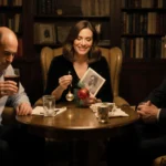 Jerry Seinfeld sips a drink with a photo beside him in golden light while Julia Louis‑Dreyfus smiles with Christmas ornament