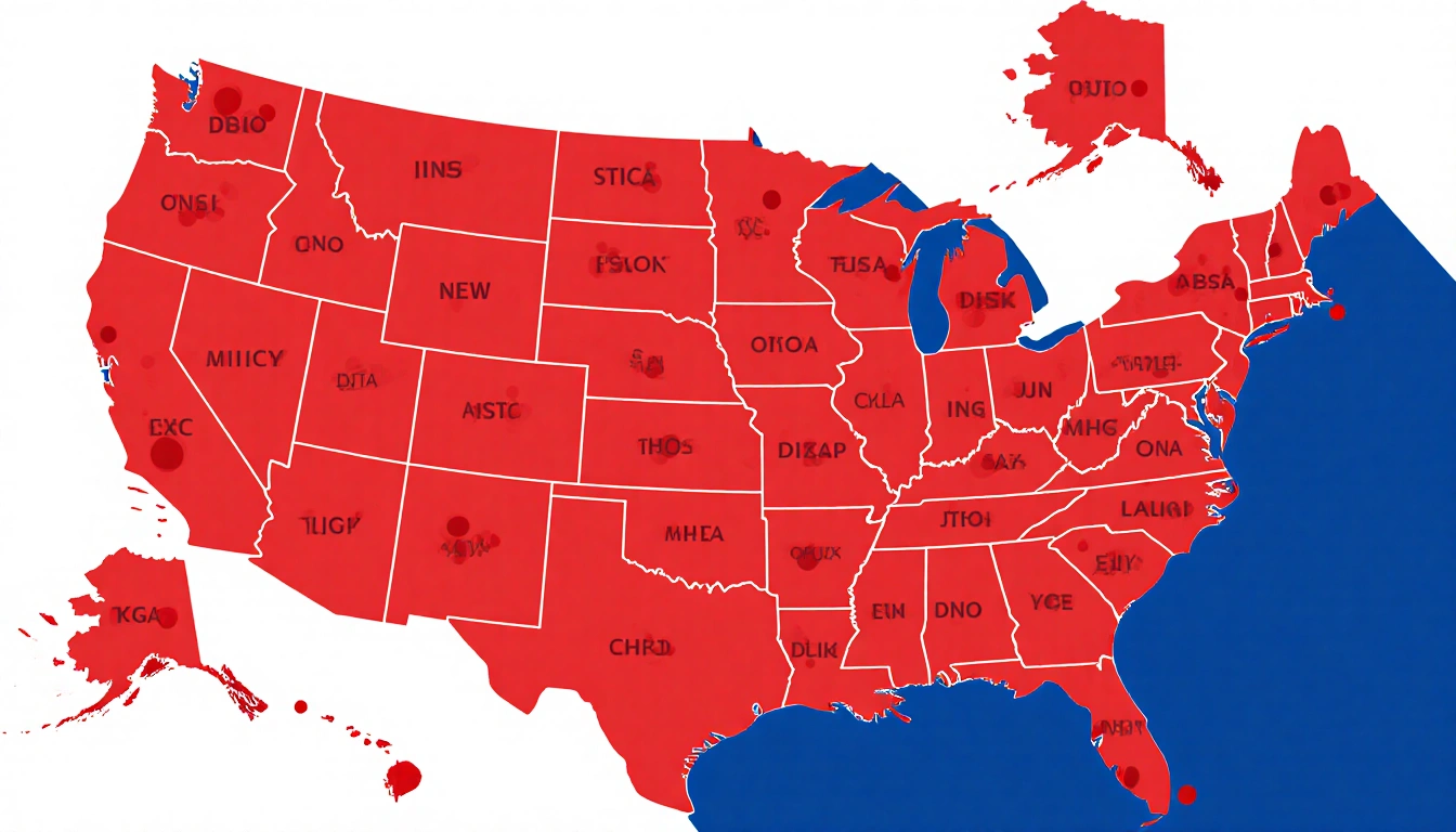 Map illustrates Senate races with key states highlighted as red dots showing contested seats