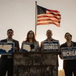 Four people standing wooden podium holding worn signs for Senate races with American flag waving behind them election light