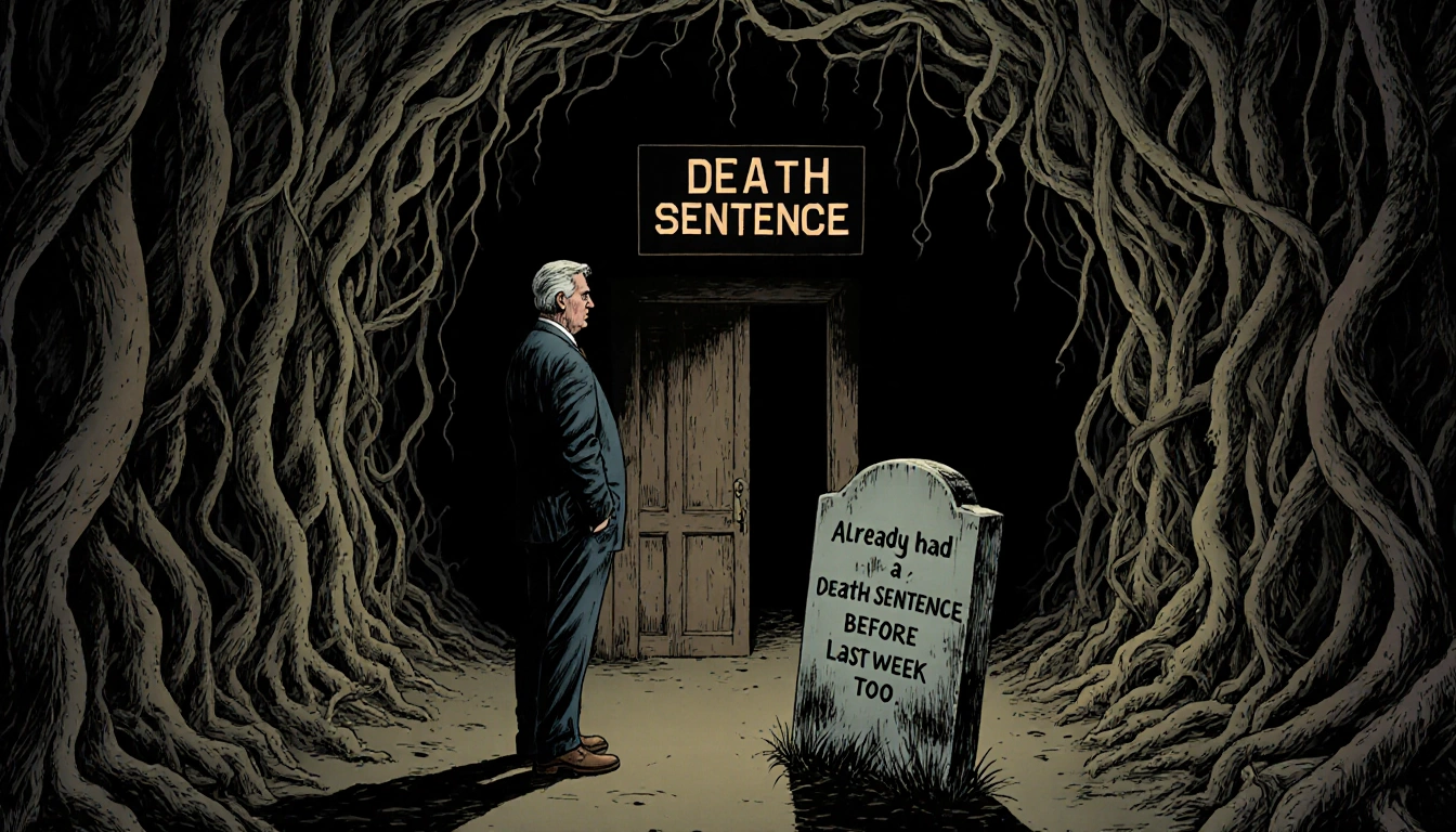 Senator Ben Sasse standing by a wooden door with glowing death sentence sign and dim tunnel behind and tombstone