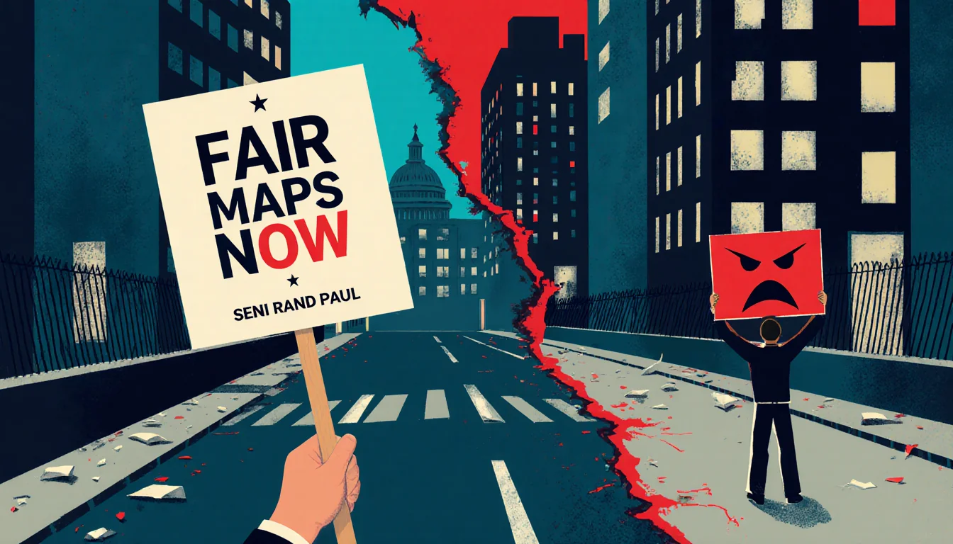 Protester holding red angry sign in foreground with divided cityscape gerrymandering and figure holding Fair Maps Now sign