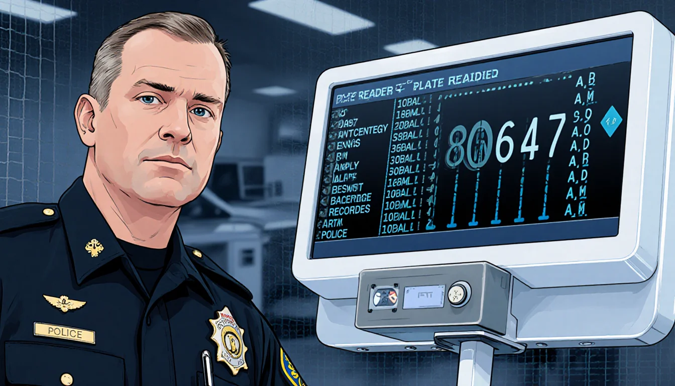 Sergeant Adam Reinhart standing with a plate reader showing license plate data near a blurred police station background