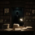 Wooden table holding stacks of documents with a desk lamp and shadowed portraits in the background