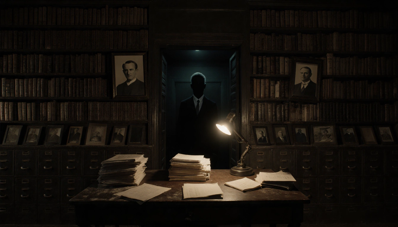 Wooden table holding stacks of documents with a desk lamp and shadowed portraits in the background