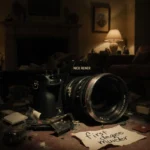 Shattered movie camera lies with broken lens and torn paper scribbled first-degree murder in a dimly lit cluttered home