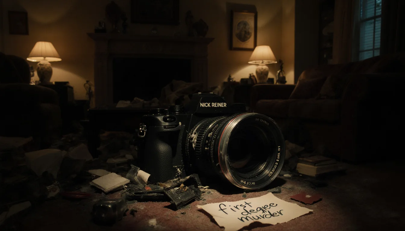 Shattered movie camera lies with broken lens and torn paper scribbled first-degree murder in a dimly lit cluttered home