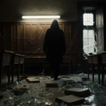 Black figure walking away from shattered glass in old Brown University classroom with flickering fluorescent light