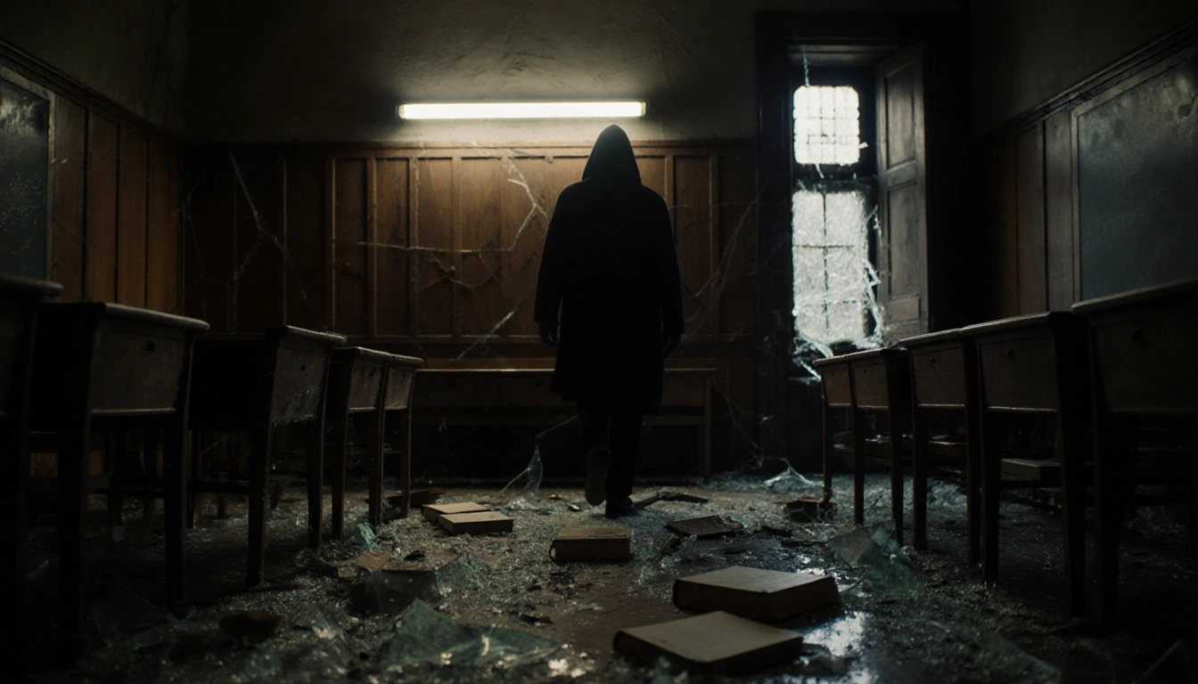 Black figure walking away from shattered glass in old Brown University classroom with flickering fluorescent light