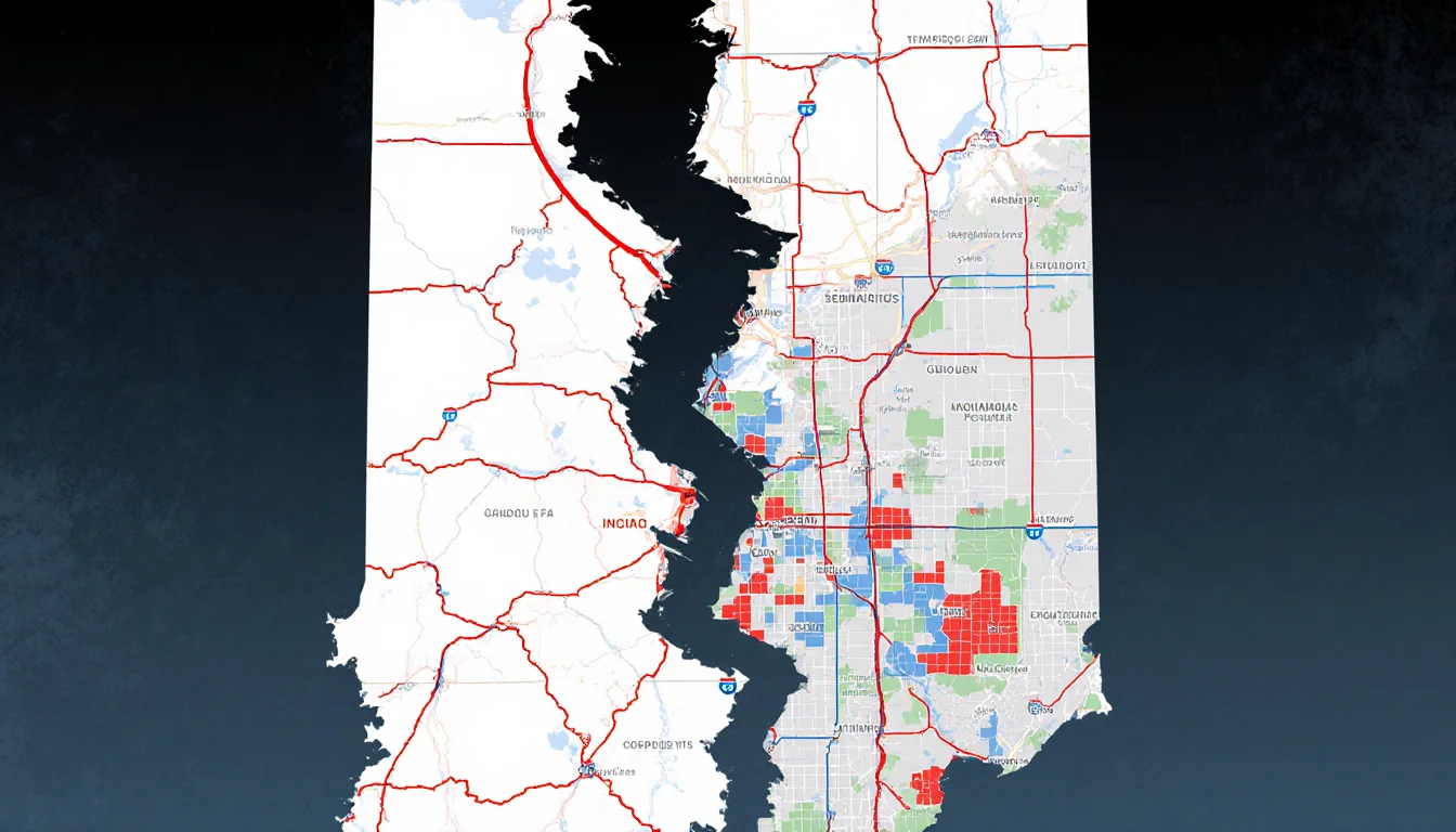 Torn Indiana map shows redistricting lines and split Indianapolis leaning Republican and Chicago.