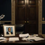 Desk displaying framed photo of Sherrone Moore with cluttered papers and a security camera in corner with Michigan blue accen