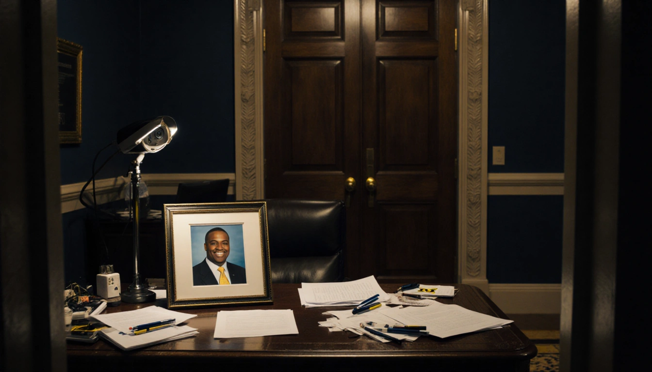 Desk displaying framed photo of Sherrone Moore with cluttered papers and a security camera in corner with Michigan blue accen