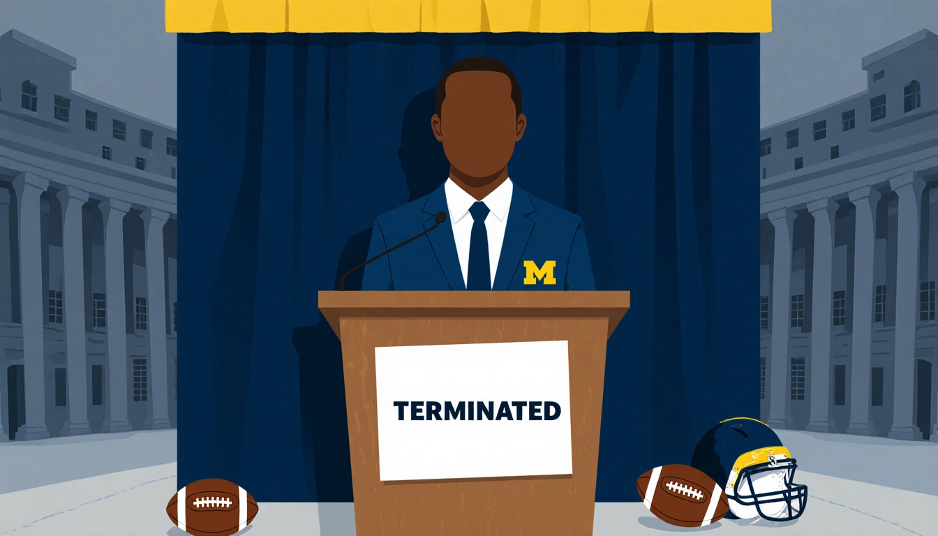 Sherrone Moore standing at a podium with a Terminated sign and scattered footballs in a neutral blue backdrop of Michigan.