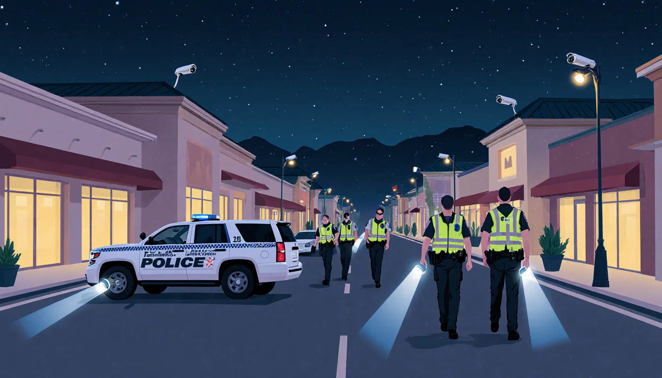Police officers walking along a nighttime shopping center curb with patrol cars parked and rooftop security cameras visible.