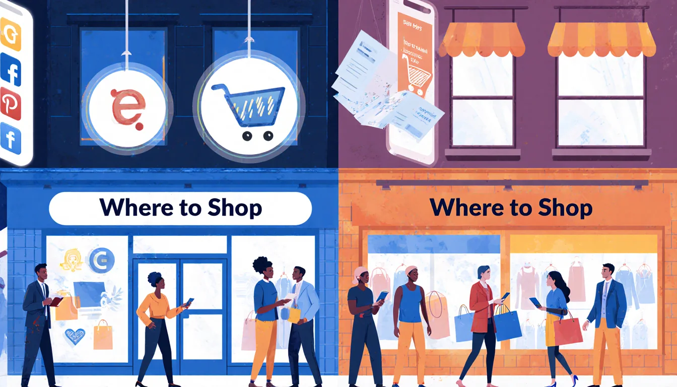 Shoppers stroll in an area with a sign Where to Shop and screens with e-commerce logos offline and online shopping