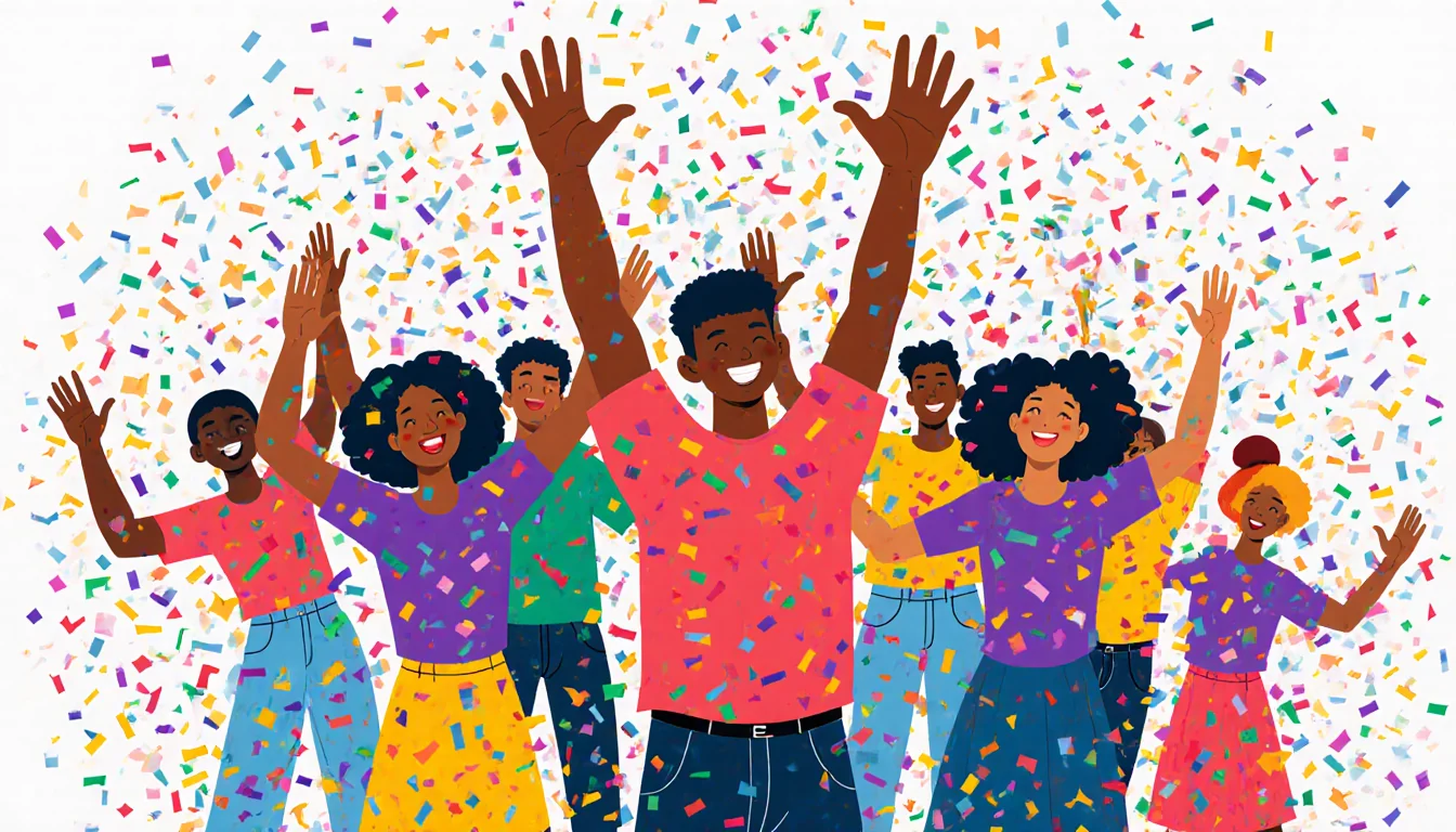 Students from diverse backgrounds standing together raising arms in double‑hand cheer with vibrant confetti bursting around t