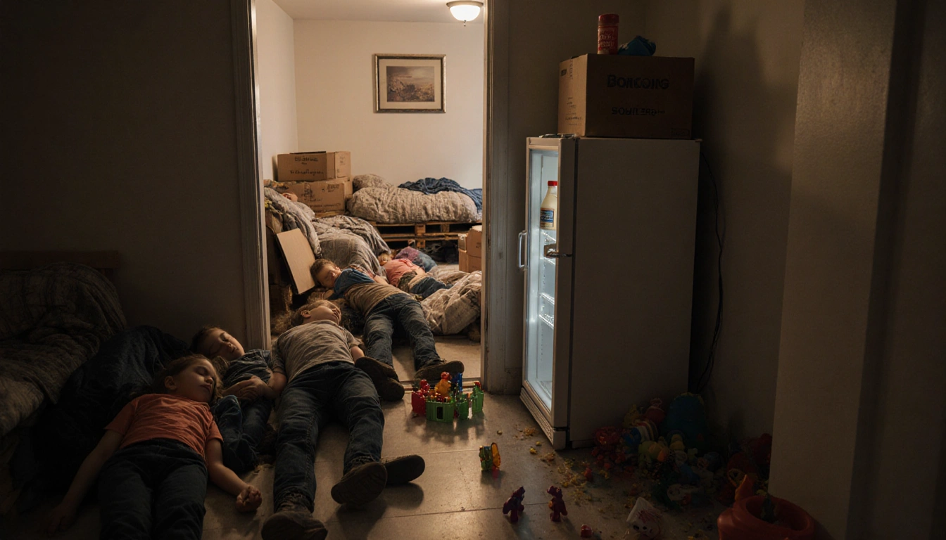 Sleeping children sprawled on floor with cluttered hallway and refrigerator door ajar revealing ranch bottle.