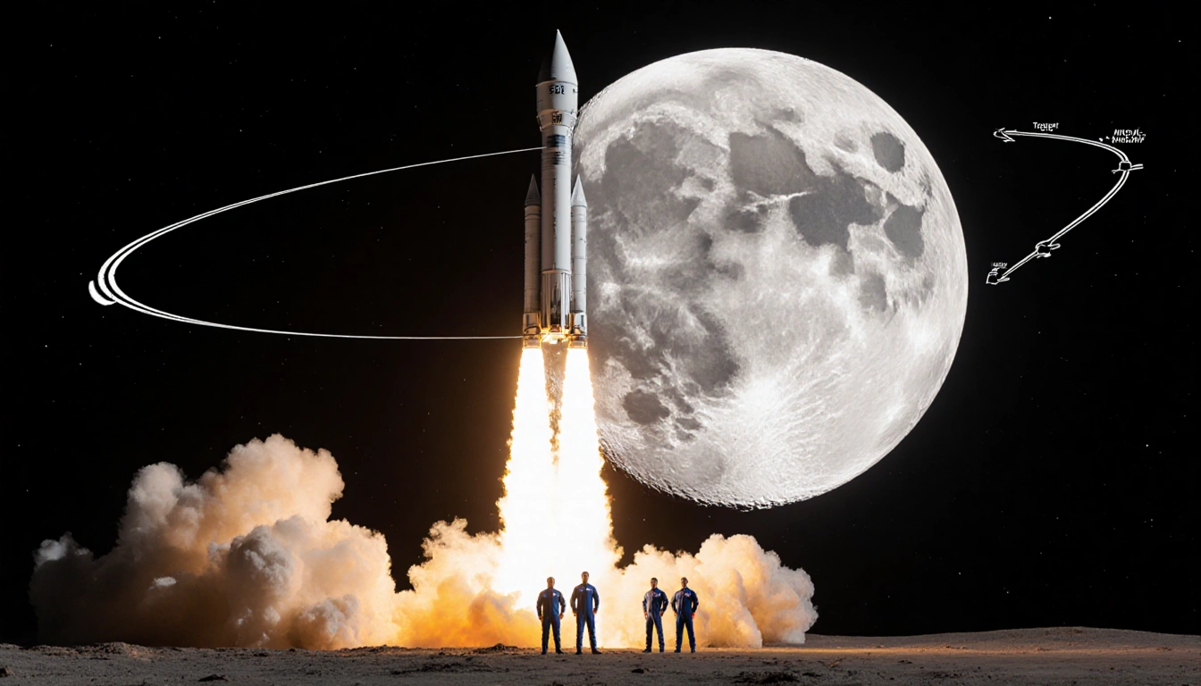 Space Launch System rocket blasting off with four crew members on launchpad flames and smoke surrounding moon above.