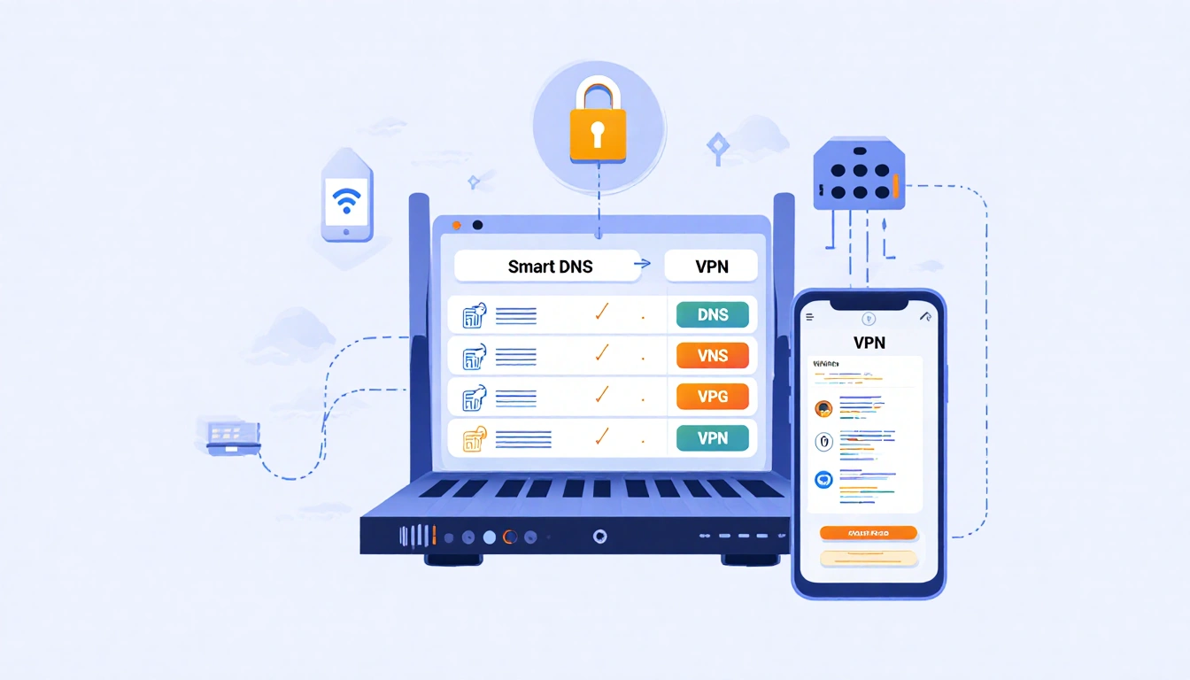 Router shows a Smart DNS vs VPN chart with a smartphone connected via Wi-Fi and stylized network icons