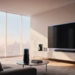 Curved TV displays sleek interface with smart assistant on low table and warm ambient lighting