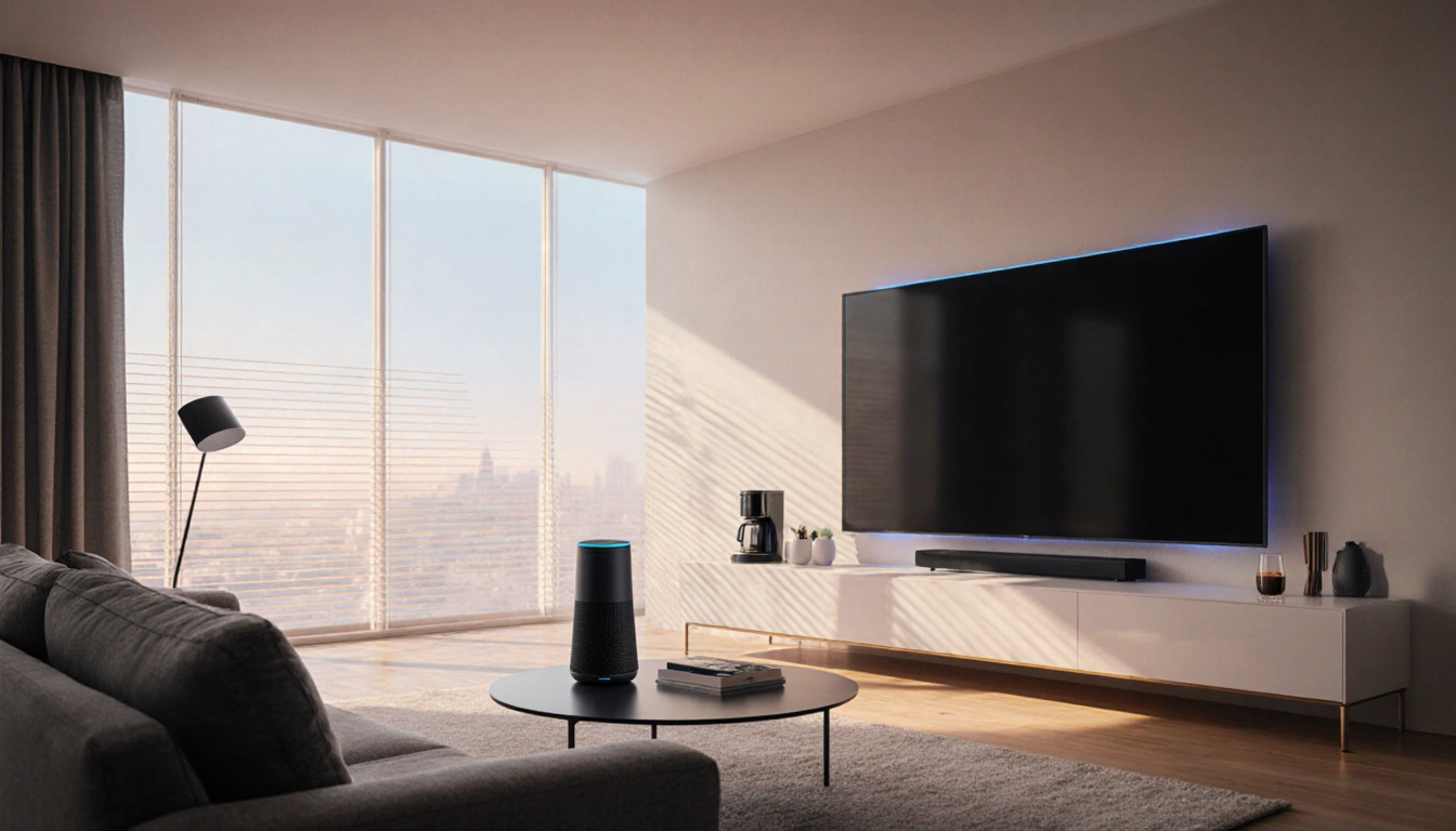 Curved TV displays sleek interface with smart assistant on low table and warm ambient lighting