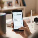 Smartphone showing password manager app with smart speaker and camera near router in warm lighting home setting
