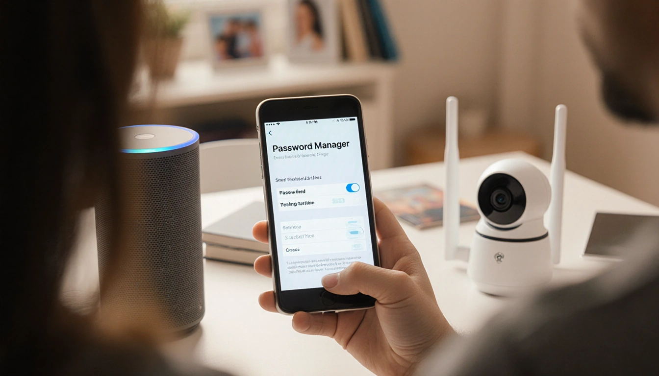 Smartphone showing password manager app with smart speaker and camera near router in warm lighting home setting