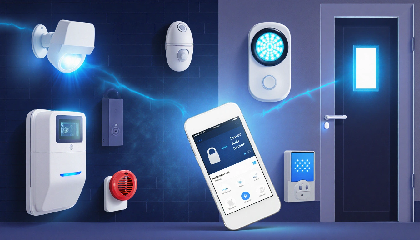 Smartphone controlling home security system with flashing blue sensors on windows and a smart lock on the front door