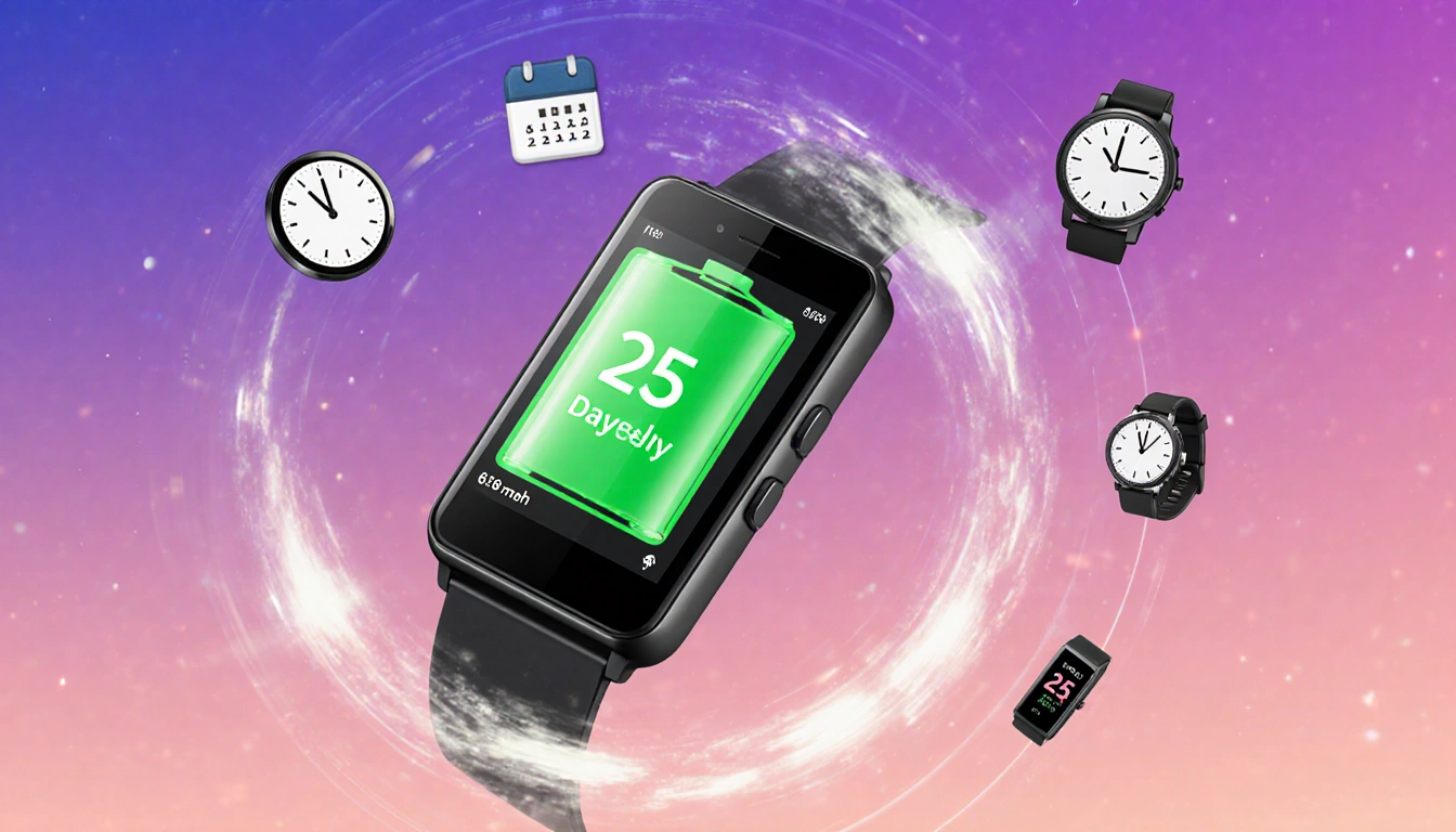 Battery glowing with faint light showing 25 days passing in circular time-lapse with small clocks and gradient background