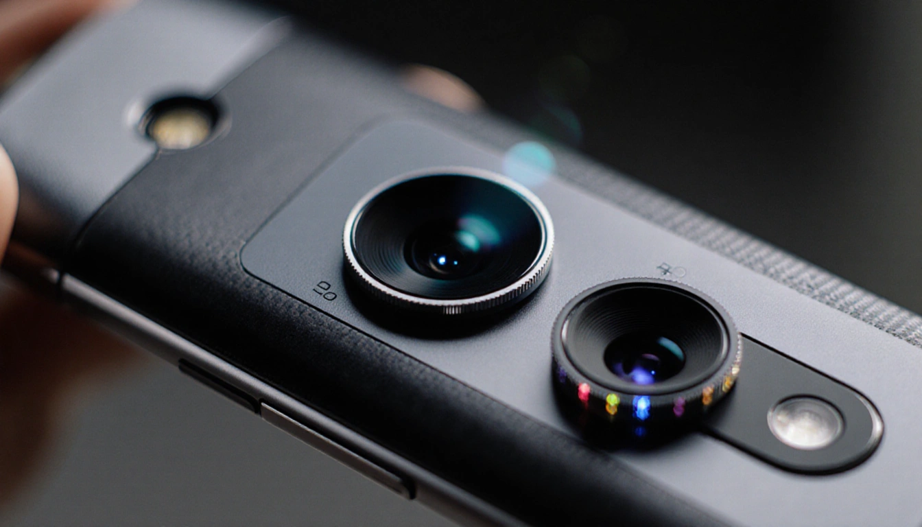 Camera array showing central 50-megapixel sensor with ultra-wide and telephoto lenses on each side and subtle lighting betwee