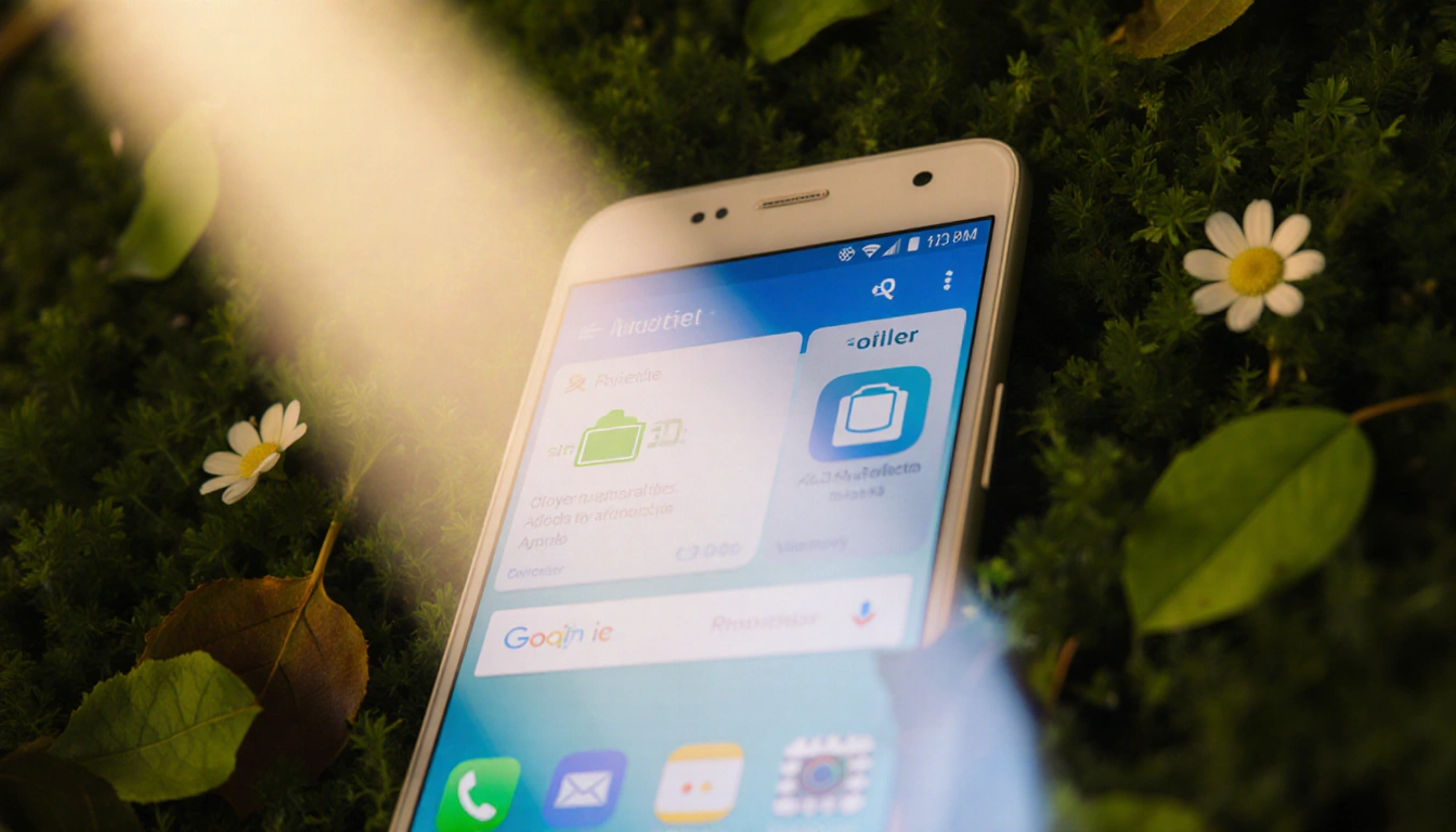 Smartphone screen showing clean home interface with 100% battery icon and surrounded by lush greenery