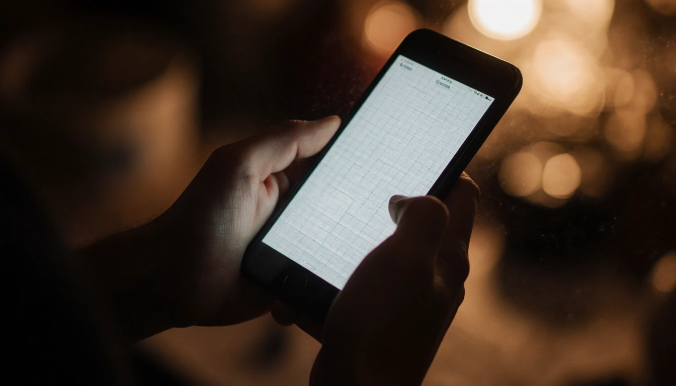 Person holding a smartphone with a clean screen showing a subtle grid and a dimly lit warm background.