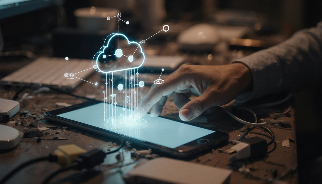 Hand hovering over a glowing tablet screen with cables and network lines on cluttered desk
