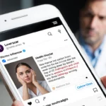 Smartphone showing influencer health post with misleading info and blurred concerned doctor in background