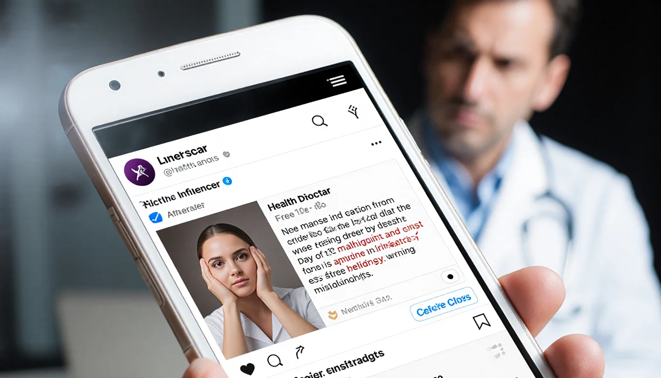 Smartphone showing influencer health post with misleading info and blurred concerned doctor in background