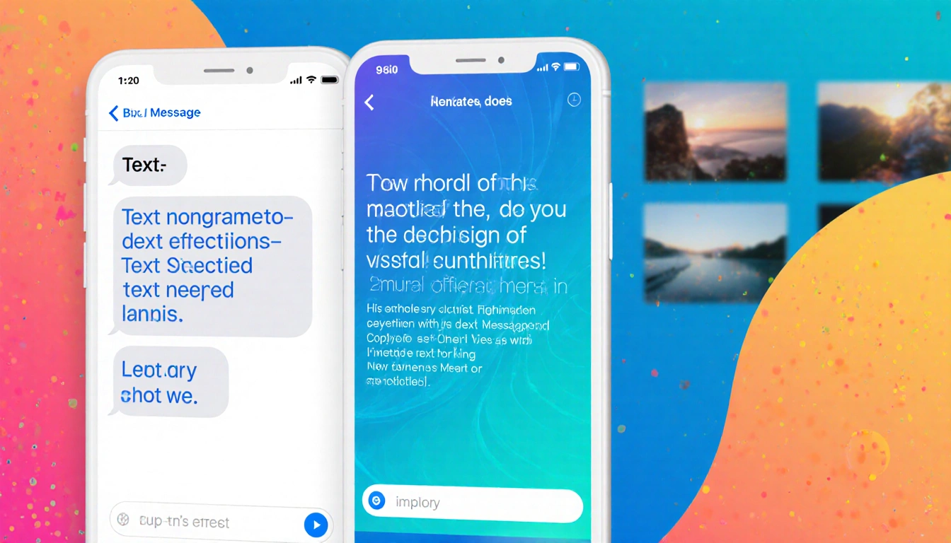 Smartphone screen copying text in messaging app with split-screen, and blurred photos in background.